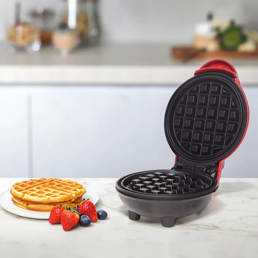 Mini Waffle Maker – Portable Electric Round Waffle Grill Machine for Pancakes, Cookies, Eggs, Paninis & Hash Browns (Red Color- 350W)