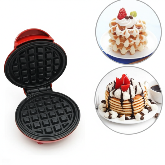 Mini Waffle Maker – Portable Electric Round Waffle Grill Machine for Pancakes, Cookies, Eggs, Paninis & Hash Browns (Red Color- 350W)